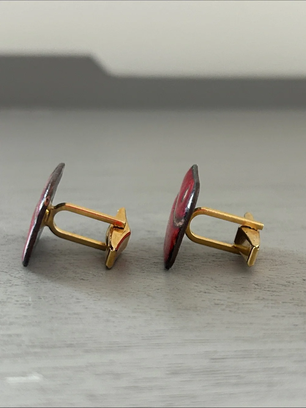 Vintage Mid Century Enamel Red Rectangular Cuff Links, Signed